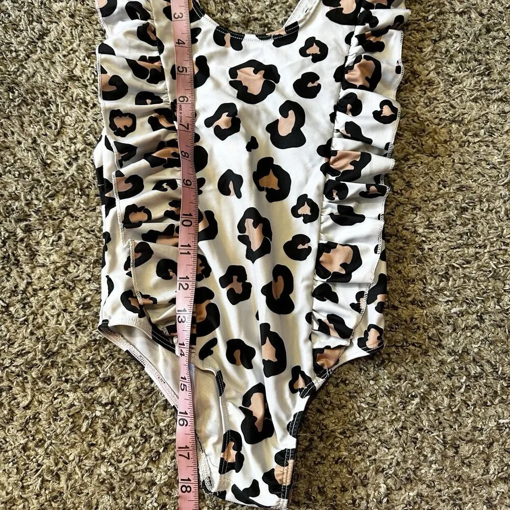 One-Piece Ruffle Sleeveless White Leopard Print Swimsuit Girls Sz 4-5 Year